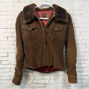 VTG Y2K Brown Corduroy Jacket Cost Women Medium Faux Fur Collar American Eagle